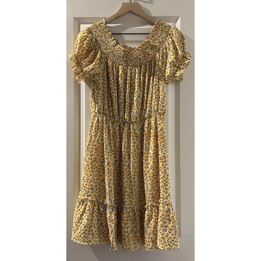 Umgee Dress Womens Small Yellow Floral Smocked Puff Sleeve Cottagecore Boho